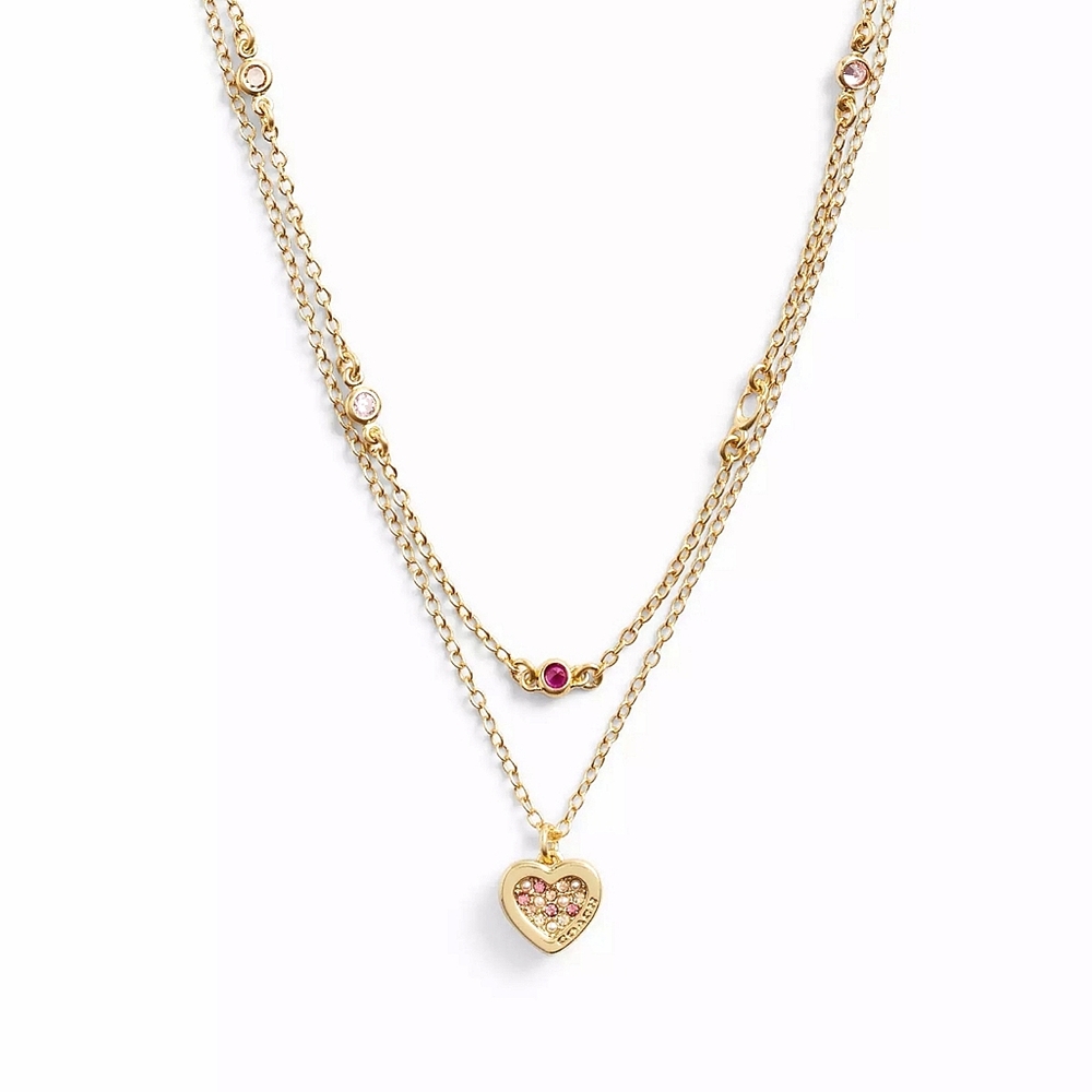 COACH GOLD HEART LAYERED NECKLACE PAVÉ PINK